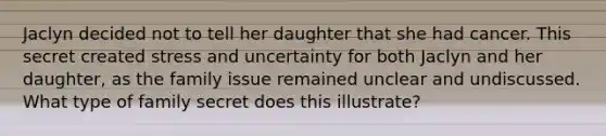 Jaclyn decided not to tell her daughter that she had cancer. This secret created stress and uncertainty for both Jaclyn and her daughter, as the family issue remained unclear and undiscussed. What type of family secret does this illustrate?