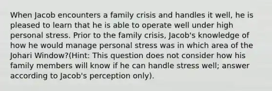 When Jacob encounters a family crisis and handles it well, he is pleased to learn that he is able to operate well under high personal stress. Prior to the family crisis, Jacob's knowledge of how he would manage personal stress was in which area of the Johari Window?(Hint: This question does not consider how his family members will know if he can handle stress well; answer according to Jacob's perception only).