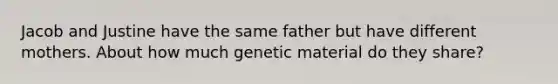 Jacob and Justine have the same father but have different mothers. About how much genetic material do they share?