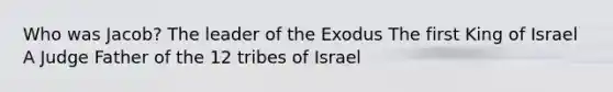 Who was Jacob? The leader of the Exodus The first King of Israel A Judge Father of the 12 tribes of Israel