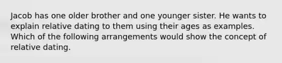 Jacob has one older brother and one younger sister. He wants to explain relative dating to them using their ages as examples. Which of the following arrangements would show the concept of relative dating.