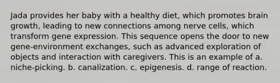 Jada provides her baby with a healthy diet, which promotes brain growth, leading to new connections among nerve cells, which transform gene expression. This sequence opens the door to new gene-environment exchanges, such as advanced exploration of objects and interaction with caregivers. This is an example of a. niche-picking. b. canalization. c. epigenesis. d. range of reaction.