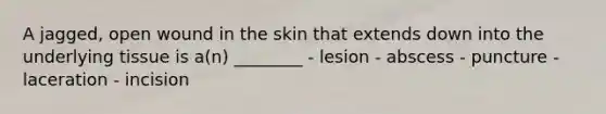 A jagged, open wound in the skin that extends down into the underlying tissue is a(n) ________ - lesion - abscess - puncture - laceration - incision