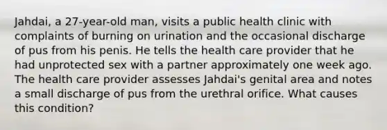 Jahdai, a 27-year-old man, visits a public health clinic with complaints of burning on urination and the occasional discharge of pus from his penis. He tells the health care provider that he had unprotected sex with a partner approximately one week ago. The health care provider assesses Jahdai's genital area and notes a small discharge of pus from the urethral orifice. What causes this condition?