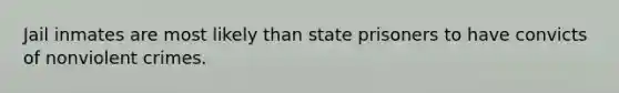 Jail inmates are most likely than state prisoners to have convicts of nonviolent crimes.