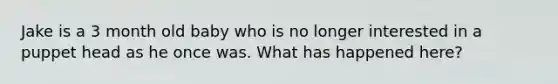 Jake is a 3 month old baby who is no longer interested in a puppet head as he once was. What has happened here?