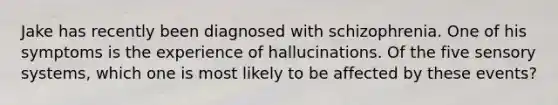 Jake has recently been diagnosed with schizophrenia. One of his symptoms is the experience of hallucinations. Of the five sensory systems, which one is most likely to be affected by these events?