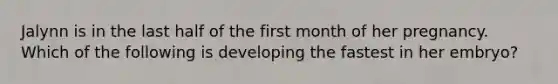 Jalynn is in the last half of the first month of her pregnancy. Which of the following is developing the fastest in her embryo?