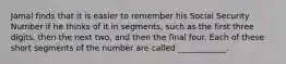 Jamal finds that it is easier to remember his Social Security Number if he thinks of it in segments, such as the first three digits, then the next two, and then the final four. Each of these short segments of the number are called ____________.