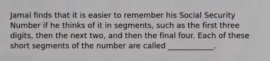 Jamal finds that it is easier to remember his Social Security Number if he thinks of it in segments, such as the first three digits, then the next two, and then the final four. Each of these short segments of the number are called ____________.