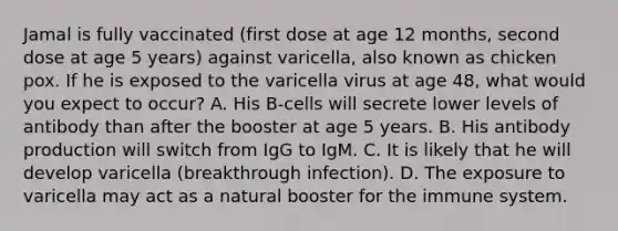 Jamal is fully vaccinated (first dose at age 12 months, second dose at age 5 years) against varicella, also known as chicken pox. If he is exposed to the varicella virus at age 48, what would you expect to occur? A. His B-cells will secrete lower levels of antibody than after the booster at age 5 years. B. His antibody production will switch from IgG to IgM. C. It is likely that he will develop varicella (breakthrough infection). D. The exposure to varicella may act as a natural booster for the immune system.