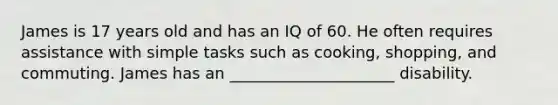 James is 17 years old and has an IQ of 60. He often requires assistance with simple tasks such as cooking, shopping, and commuting. James has an _____________________ disability.
