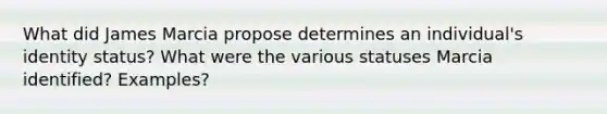 What did James Marcia propose determines an individual's identity status? What were the various statuses Marcia identified? Examples?