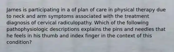 James is participating in a of plan of care in physical therapy due to neck and arm symptoms associated with the treatment diagnosis of cervical radiculopathy. Which of the following pathophysiologic descriptions explains the pins and needles that he feels in his thumb and index finger in the context of this condition?