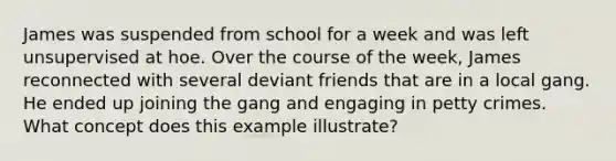 James was suspended from school for a week and was left unsupervised at hoe. Over the course of the week, James reconnected with several deviant friends that are in a local gang. He ended up joining the gang and engaging in petty crimes. What concept does this example illustrate?