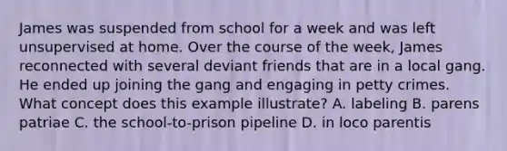 James was suspended from school for a week and was left unsupervised at home. Over the course of the week, James reconnected with several deviant friends that are in a local gang. He ended up joining the gang and engaging in petty crimes. What concept does this example illustrate? A. labeling B. parens patriae C. the school-to-prison pipeline D. in loco parentis