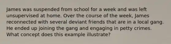 James was suspended from school for a week and was left unsupervised at home. Over the course of the week, James reconnected with several deviant friends that are in a local gang. He ended up joining the gang and engaging in petty crimes. What concept does this example illustrate?