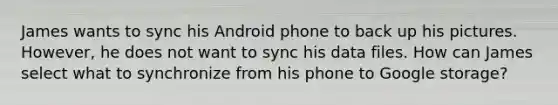 James wants to sync his Android phone to back up his pictures. However, he does not want to sync his data files. How can James select what to synchronize from his phone to Google storage?