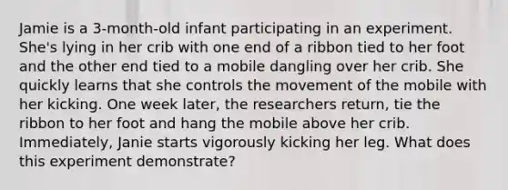 Jamie is a 3-month-old infant participating in an experiment. She's lying in her crib with one end of a ribbon tied to her foot and the other end tied to a mobile dangling over her crib. She quickly learns that she controls the movement of the mobile with her kicking. One week later, the researchers return, tie the ribbon to her foot and hang the mobile above her crib. Immediately, Janie starts vigorously kicking her leg. What does this experiment demonstrate?