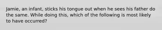 Jamie, an infant, sticks his tongue out when he sees his father do the same. While doing this, which of the following is most likely to have occurred?