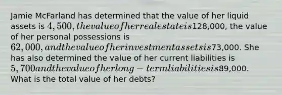 Jamie McFarland has determined that the value of her liquid assets is 4,500, the value of her real estate is128,000, the value of her personal possessions is 62,000, and the value of her investment assets is73,000. She has also determined the value of her current liabilities is 5,700 and the value of her long-term liabilities is89,000. What is the total value of her debts?