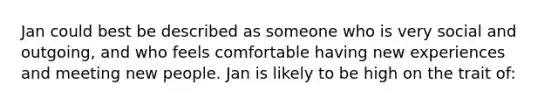 Jan could best be described as someone who is very social and outgoing, and who feels comfortable having new experiences and meeting new people. Jan is likely to be high on the trait of: