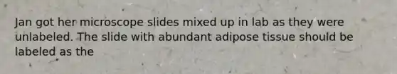 Jan got her microscope slides mixed up in lab as they were unlabeled. The slide with abundant adipose tissue should be labeled as the