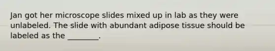 Jan got her microscope slides mixed up in lab as they were unlabeled. The slide with abundant adipose tissue should be labeled as the ________.