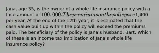 Jana, age 35, is the owner of a whole life insurance policy with a face amount of 100,000. The premiums on the policy are1,400 per year. At the end of the 12th year, it is estimated that the cash value built up within the policy will exceed the premiums paid. The beneficiary of the policy is Jana's husband, Bart. Which of these is an income tax implication of Jana's whole life insurance policy?