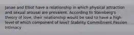 Janae and Elliot have a relationship in which physical attraction and sexual arousal are prevalent. According to Sternberg's theory of love, their relationship would be said to have a high level of which component of love? Stability Commitment Passion Intimacy