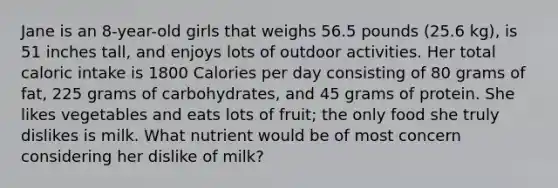 Jane is an 8-year-old girls that weighs 56.5 pounds (25.6 kg), is 51 inches tall, and enjoys lots of outdoor activities. Her total caloric intake is 1800 Calories per day consisting of 80 grams of fat, 225 grams of carbohydrates, and 45 grams of protein. She likes vegetables and eats lots of fruit; the only food she truly dislikes is milk. What nutrient would be of most concern considering her dislike of milk?