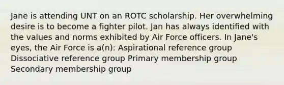 Jane is attending UNT on an ROTC scholarship. Her overwhelming desire is to become a fighter pilot. Jan has always identified with the values and norms exhibited by Air Force officers. In Jane's eyes, the Air Force is a(n): Aspirational reference group Dissociative reference group Primary membership group Secondary membership group