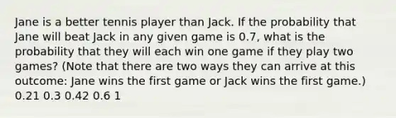 Jane is a better tennis player than Jack. If the probability that Jane will beat Jack in any given game is 0.7, what is the probability that they will each win one game if they play two games? (Note that there are two ways they can arrive at this outcome: Jane wins the first game or Jack wins the first game.) 0.21 0.3 0.42 0.6 1