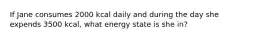 If Jane consumes 2000 kcal daily and during the day she expends 3500 kcal, what energy state is she in?