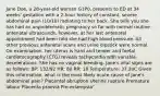 Jane Doe, a 28-year-old woman G1P0, presents to ED at 34 weeks' gestation with a 2-hour history of constant, severe abdominal pain (10/10) radiating to her back. She tells you she has had an unproblematic pregnancy so far with normal routine antenatal ultrasounds, however, at her last antenatal appointment had been told she had high blood pressure. All other previous antenatal scans and urine dipstick were normal. On examination, her uterus is hard and tender and foetal cardiotocography (CTG) reveals tachycardia with variable decelerations. She has no vaginal bleeding. Jane's vital signs are as follows: BP: 132/92 HR: 80 RR: 18 Temperature: 37.2oC Given this information, what is the most likely acute cause of Jane's abdominal pain? Placental abruption Uterine rupture Premature labour Placenta praevia Pre-eclampsia"