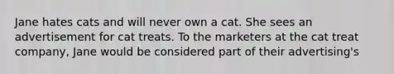 Jane hates cats and will never own a cat. She sees an advertisement for cat treats. To the marketers at the cat treat company, Jane would be considered part of their advertising's