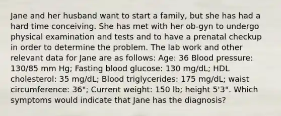 Jane and her husband want to start a family, but she has had a hard time conceiving. She has met with her ob-gyn to undergo physical examination and tests and to have a prenatal checkup in order to determine the problem. The lab work and other relevant data for Jane are as follows: Age: 36 Blood pressure: 130/85 mm Hg; Fasting blood glucose: 130 mg/dL; HDL cholesterol: 35 mg/dL; Blood triglycerides: 175 mg/dL; waist circumference: 36"; Current weight: 150 lb; height 5'3". Which symptoms would indicate that Jane has the diagnosis?