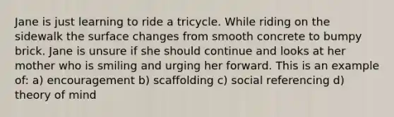 Jane is just learning to ride a tricycle. While riding on the sidewalk the surface changes from smooth concrete to bumpy brick. Jane is unsure if she should continue and looks at her mother who is smiling and urging her forward. This is an example of: a) encouragement b) scaffolding c) social referencing d) theory of mind