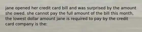 jane opened her credit card bill and was surprised by the amount she owed. she cannot pay the full amount of the bill this month, the lowest dollar amount jane is required to pay by the credit card company is the: