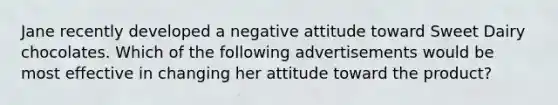 Jane recently developed a negative attitude toward Sweet Dairy chocolates. Which of the following advertisements would be most effective in changing her attitude toward the product?