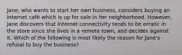 Jane, who wants to start her own business, considers buying an Internet café which is up for sale in her neighborhood. However, Jane discovers that Internet connectivity tends to be erratic in the store since she lives in a remote town, and decides against it. Which of the following is most likely the reason for Jane's refusal to buy the business?