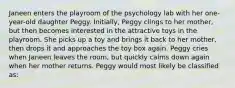 Janeen enters the playroom of the psychology lab with her one-year-old daughter Peggy. Initially, Peggy clings to her mother, but then becomes interested in the attractive toys in the playroom. She picks up a toy and brings it back to her mother, then drops it and approaches the toy box again. Peggy cries when Janeen leaves the room, but quickly calms down again when her mother returns. Peggy would most likely be classified as: