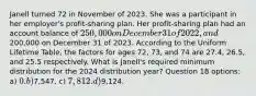 Janell turned 72 in November of 2023. She was a participant in her employer's profit-sharing plan. Her profit-sharing plan had an account balance of 250,000 on December 31 of 2022, and200,000 on December 31 of 2023. According to the Uniform Lifetime Table, the factors for ages 72, 73, and 74 are 27.4, 26.5, and 25.5 respectively. What is Janell's required minimum distribution for the 2024 distribution year? Question 18 options: a) 0. b)7,547. c) 7,812. d)9,124.