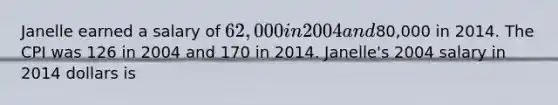 Janelle earned a salary of 62,000 in 2004 and80,000 in 2014. The CPI was 126 in 2004 and 170 in 2014. Janelle's 2004 salary in 2014 dollars is