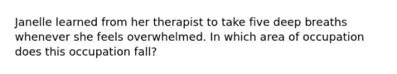 Janelle learned from her therapist to take five deep breaths whenever she feels overwhelmed. In which area of occupation does this occupation fall?