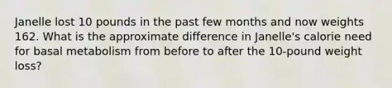 Janelle lost 10 pounds in the past few months and now weights 162. What is the approximate difference in Janelle's calorie need for basal metabolism from before to after the 10-pound weight loss?