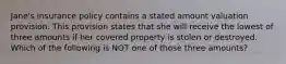 Jane's insurance policy contains a stated amount valuation provision. This provision states that she will receive the lowest of three amounts if her covered property is stolen or destroyed. Which of the following is NOT one of those three amounts?