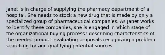 Janet is in charge of supplying the pharmacy department of a hospital. She needs to stock a new drug that is made by only a specialized group of pharmaceutical companies. As Janet works to identify these companies, she is engaged in which stage of the organizational buying process? describing characteristics of the needed product evaluating proposals recognizing a problem searching for and qualifying potential sources