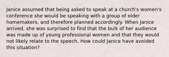 Janice assumed that being asked to speak at a church's women's conference she would be speaking with a group of older homemakers, and therefore planned accordingly. When Janice arrived, she was surprised to find that the bulk of her audience was made up of young professional women and that they would not likely relate to the speech. How could Janice have avoided this situation?