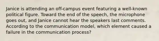 Janice is attending an off-campus event featuring a well-known political figure. Toward the end of the speech, the microphone goes out, and Janice cannot hear the speakers last comments. According to the communication model, which element caused a failure in the communication process?